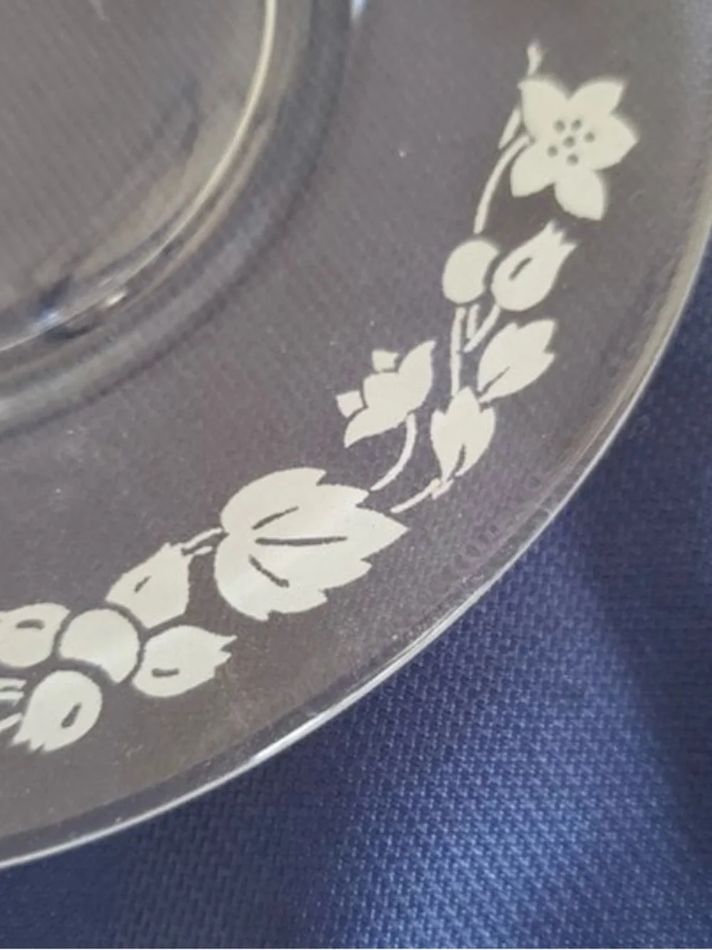 Vintage Pyrex Clear Glass Saucer with White Floral Border -Gooseberry pattern